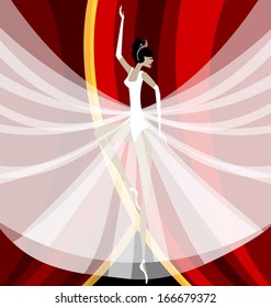 red curtain and dancing ballet dancer in white