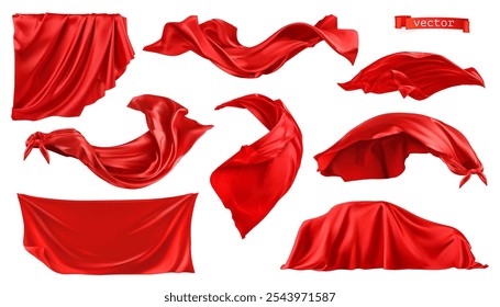 Red curtain, drapery fabric, 3d realistic vector set