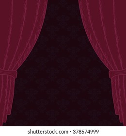 Red Curtain drawn by hand with space. Theater stage, retro beauty shop poster. Vector 