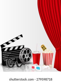 Red curtain and film object with popcorn, soda, ticket and eyeglasses