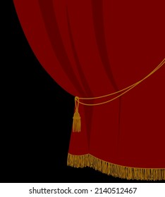 Red curtain in flat style isolated with golden fringe isolated on black background. Retro design element. Vector illustration