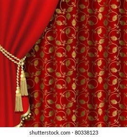 Red curtain with gold pattern. Clipping Mask