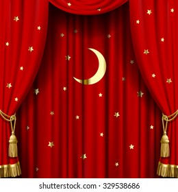 Red curtain with gold tassels, moon and stars. Square theater and Christmas background. Artistic poster.  Vector Illustration