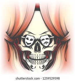 Red curtain and human skull in glasses in shape of theatre masks drawn in tattoo style. Vector illustration.