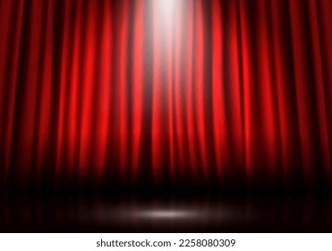 Red curtain illuminated by spotlight. Closed velvet drapes. Vector illustration.