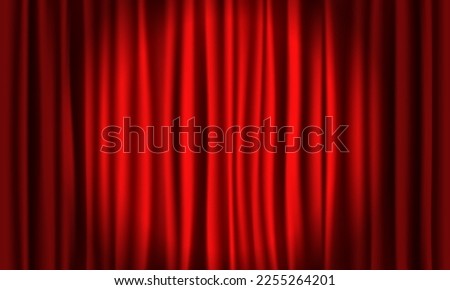 Red curtain illuminated by spotlight. Closed velvet drapes. Vector illustration.