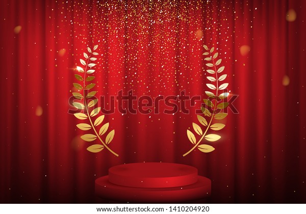 Red curtain, laurel twigs realistic\
illustration. Golden glitters, bokeh effect. Retro crimson\
background for text. Winner wreath for cinema festival award\
nominee. Round frame on velvet\
backdrop