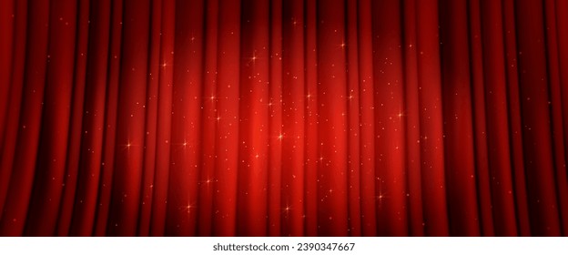 Red curtain with light spot and golden sparkles. Vector realistic illustration of theater stage closed with shimmering fabric drapery, night show, concert or circus performance banner background