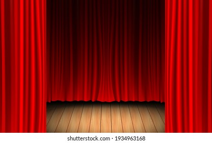 red curtain and light of spotlight on the wooden floor in the dark room