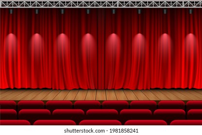 red curtain and light of spotlight on the wooden stage in the hall