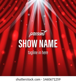 red curtain with lighting spotlight at stage cinema show special performance poster banner template