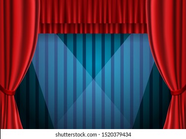 Red curtain on blue vintage background. Design for presentation, concert, show. Vector illustration