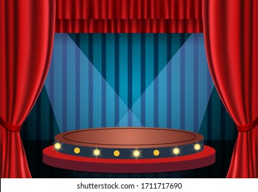 Red curtain on blue vintage background and podium. Design for presentation, concert, show. Vector illustration