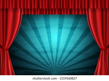 Red curtain on circus vintage background. Design for presentation, concert, show. Vector illustration