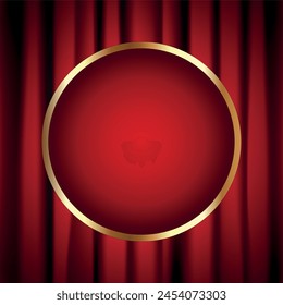 Red curtain on stage background with round golden frame for text. Velvet stage curtain in theater scene or cinema. Vector illustration