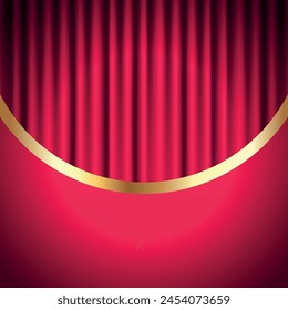 Red curtain on stage background with golden frame. Velvet stage curtain in theater scene or cinema. Vector illustration