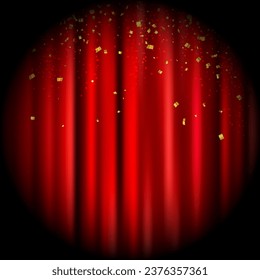 Red curtain on stage with golden confetti. Abstract background with spotlight in theater. Vector illustration.