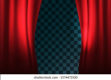 Red curtain on theater or cinema stags. Realistic Opened Stage Curtains on a Transparent Background Element Of Interior Decoration Place for Your Text. Vector illustration of Curtain