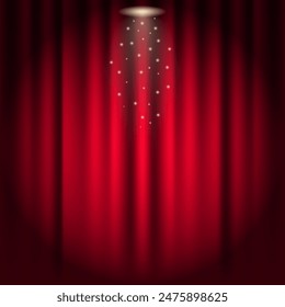 A red curtain on which a spotlight beam falls. Closed velvet curtain for circus, theater, stage and club. Background with a ray of light for a Broadway ceremony. Vector