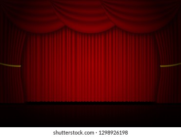 Red curtain opera, cinema or theater stage drapes. Spotlight on closed velvet curtains background. Vector illustration