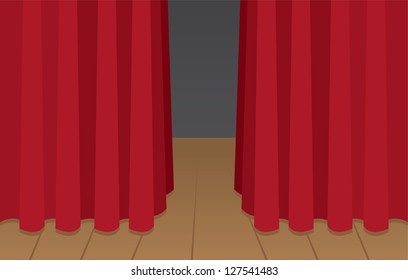 Red curtain slightly opened on wooden stage