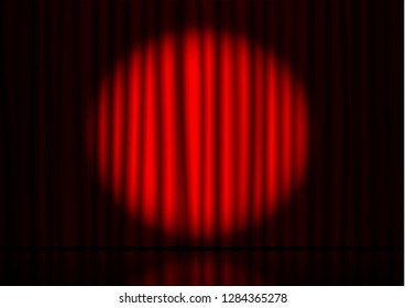 Red curtain with spotlight and floor reflection in theater. Velvet fabric cinema curtain vector. Spotlight on closed curtains decoration. Drama reflexion stage background. Vector illustration.