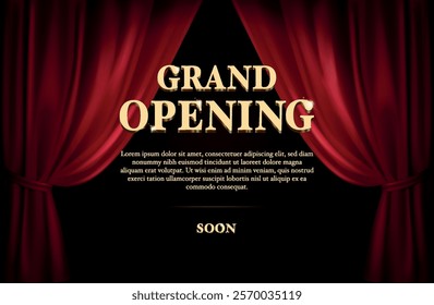 Red curtain with spotlight. Grand opening announcement witch golden text.