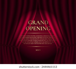 Red curtain with spotlight. Grand openning banner witch golden text. Vector illustration