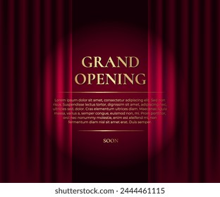 Red curtain with spotlight. Grand openning banner witch golden text. Vector illustration