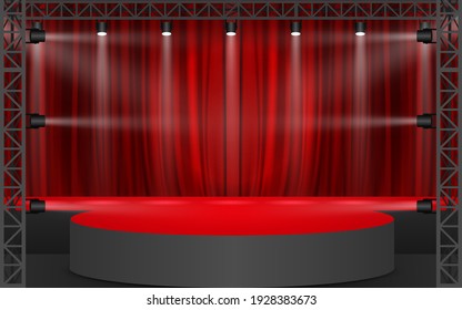 red curtain with spotlight on the truss system on the red stage