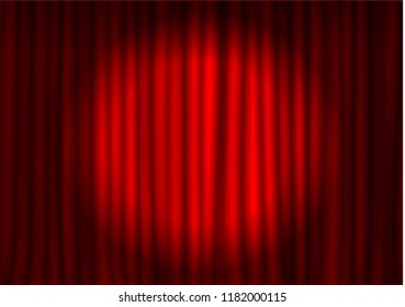 Red Curtain With Spotlight In Theater. Velvet Fabric Cinema Curtain Vector. Spotlight On Closed Curtains Decoration. Drama Stage Background. Vector Illustration.