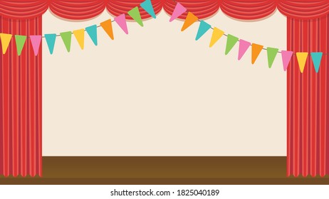 Red curtain and stage with colorful flags vector illustration