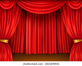 Red curtain stage. Realistic scene framed red textile theater veils, velvet fabric, cinema hall decor, open heavy drapes. Vector background