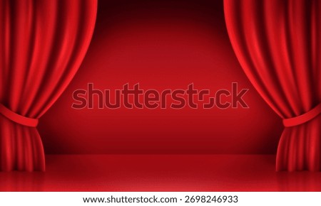 Red curtain stage. Realistic stand up stage, cinema theater scene for receiving award cabaret comedy standup show open curtains backstage 3d theatre background vector illustration