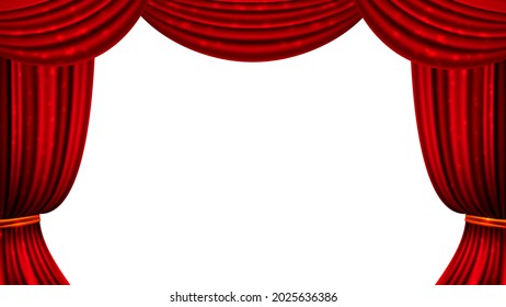 Red curtain. Theater cinema curtains shine elements. Isolated fabric drape vector banner, show circus entertainment ad background