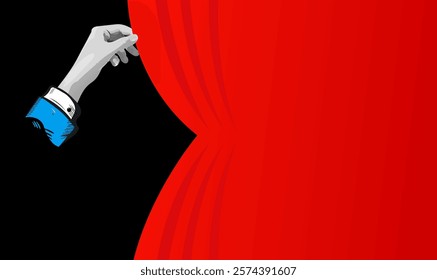 Red Curtain Unveiling Hand, Theater, Stage, Secret, Reveal, Mystery, Dramatic, Background, Announcem