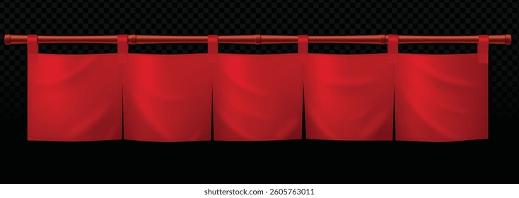 Red curtain vector with realistic fabric on a dark checkered transparent background. 3D curtain with a wooden rod, perfect for ribbon banners, wavy fabric illustrations, or red banner designs 