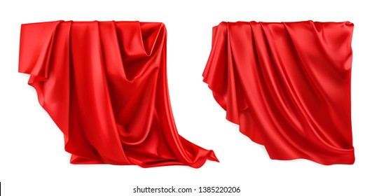 Red curtain vectorized image. Drapery fabric 3d realistic vector