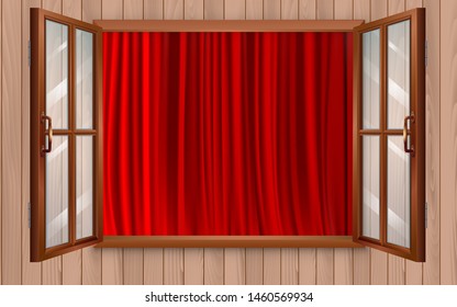 red curtain at the windows on the wooden wall
