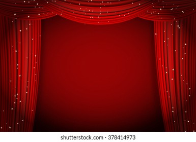 red curtains background with glittering stars. 