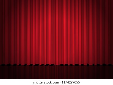 Red curtains background illuminated by a beam of spotlight and reflection. Vector illustration.