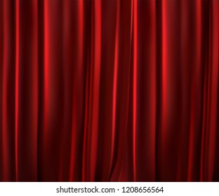 Red curtains background. Realistic vector illustration. Textile drapes. Fabric folds. Decoration element for design