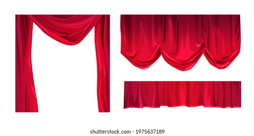 Red curtains cartoon vector illustration. Theatre or cinema velvet drapes. Classic elegant window decor. 