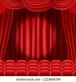 red curtains, cinema hall vector illustration