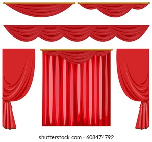 Cortinas rojas en diferentes estilos de ilustración