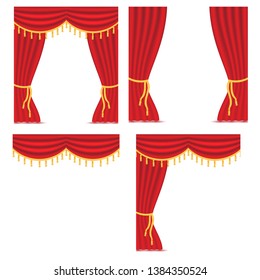 Red curtains with drapery isolated on white background. Vector illustration set. Place for text. Design elements for theather, show, cinema, banner.