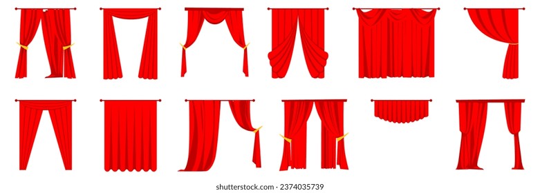 Red curtains element in a flat design. Set of of luxury red silk curtains. Theater fabric silk decoration for movie cinema