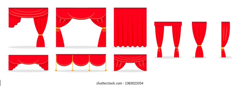 Red curtains flat illustrations set. Drape and lambrequins of heavy fabric. Classic wide curtains in victorian style isolated collection. Window dressing and theatre stage textile interior design
