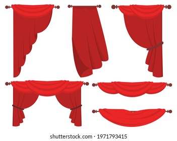 Red curtains flat illustrations set. Classic wide curtains in victorian style isolated collection.