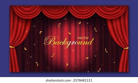 Red curtains with folds and golden confetti on a dark stage background. Elegant and festive design for theater or celebration themes. Vector illustration